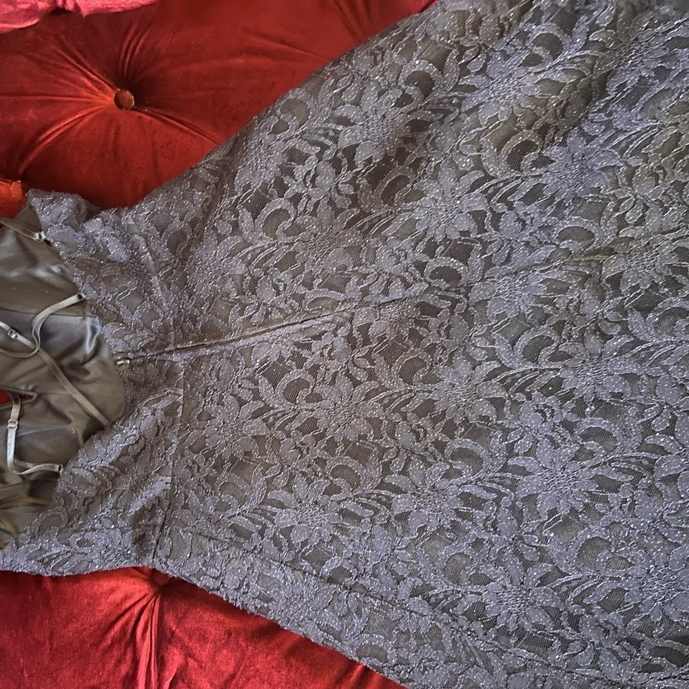 Elegant Navy Lace Tule Formal Maxi Dress - Picture 5 of 6
